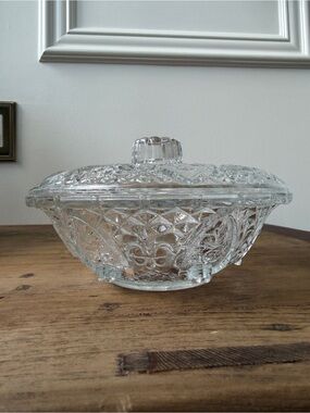 Clear Pressed Glass Covered Serving Bowl - Decorative Home Dining Dish